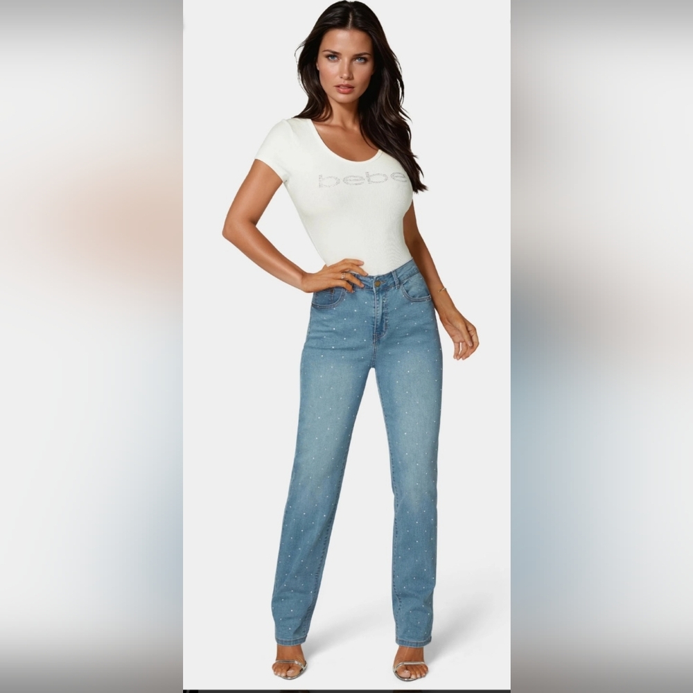 bebe Light Blue Rhinstones Straight Leg Jeans